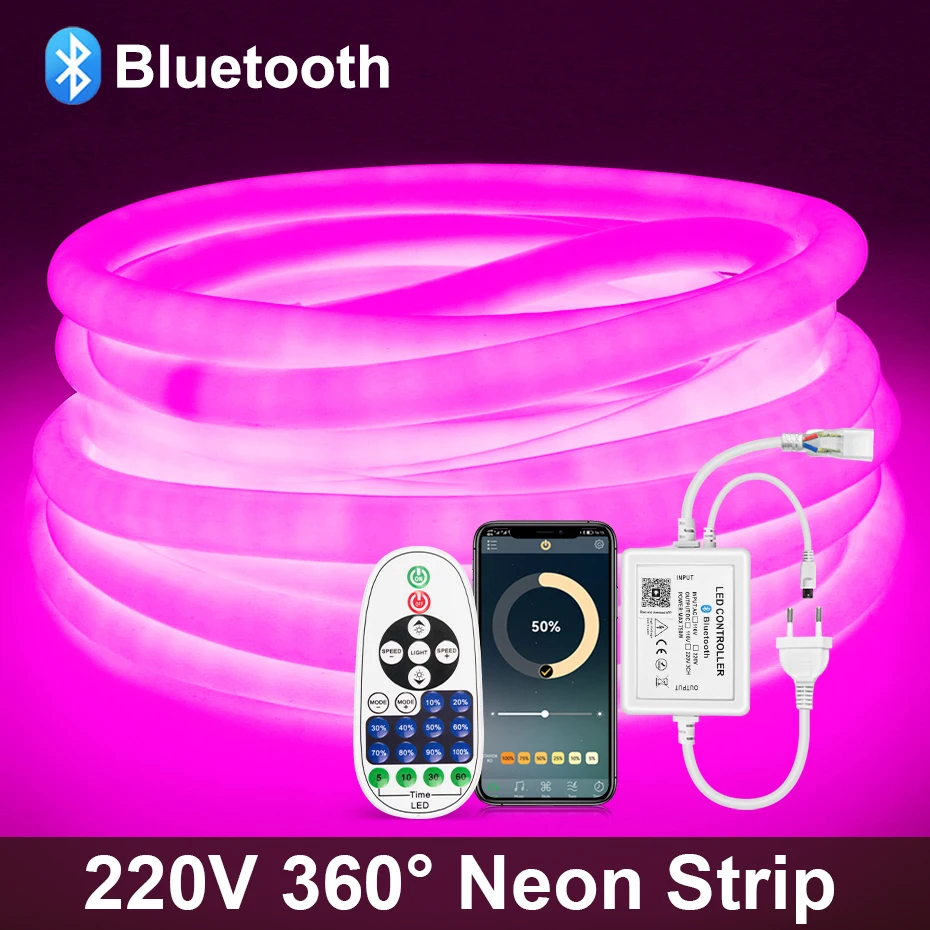 Waterproof Tuya WiFi Round 360 Led Strip Neon 220V 10m 20m 50m Flexible Bluetooth Led Rope Tape Light For Home Outdoor Decor