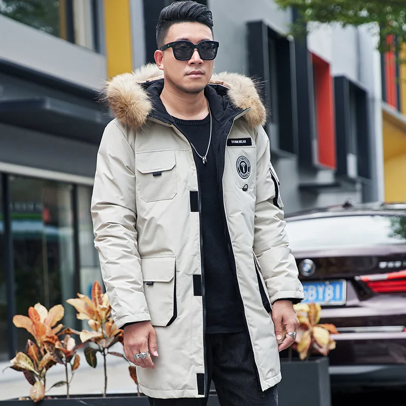 Trendy plus größe männer unten jacke echtpelz kragen übergroßen mit kapuze casual warme multi-tasche mid-länge winter jacke 10xl 175KG