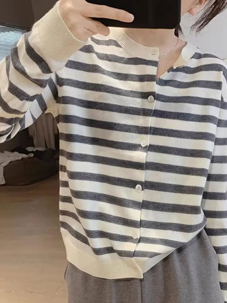 

Ele Slimming Knitted Cardigan Long Sve round Ne Casual Striped Women's Top Commute Sle Korean Version Winter Faion