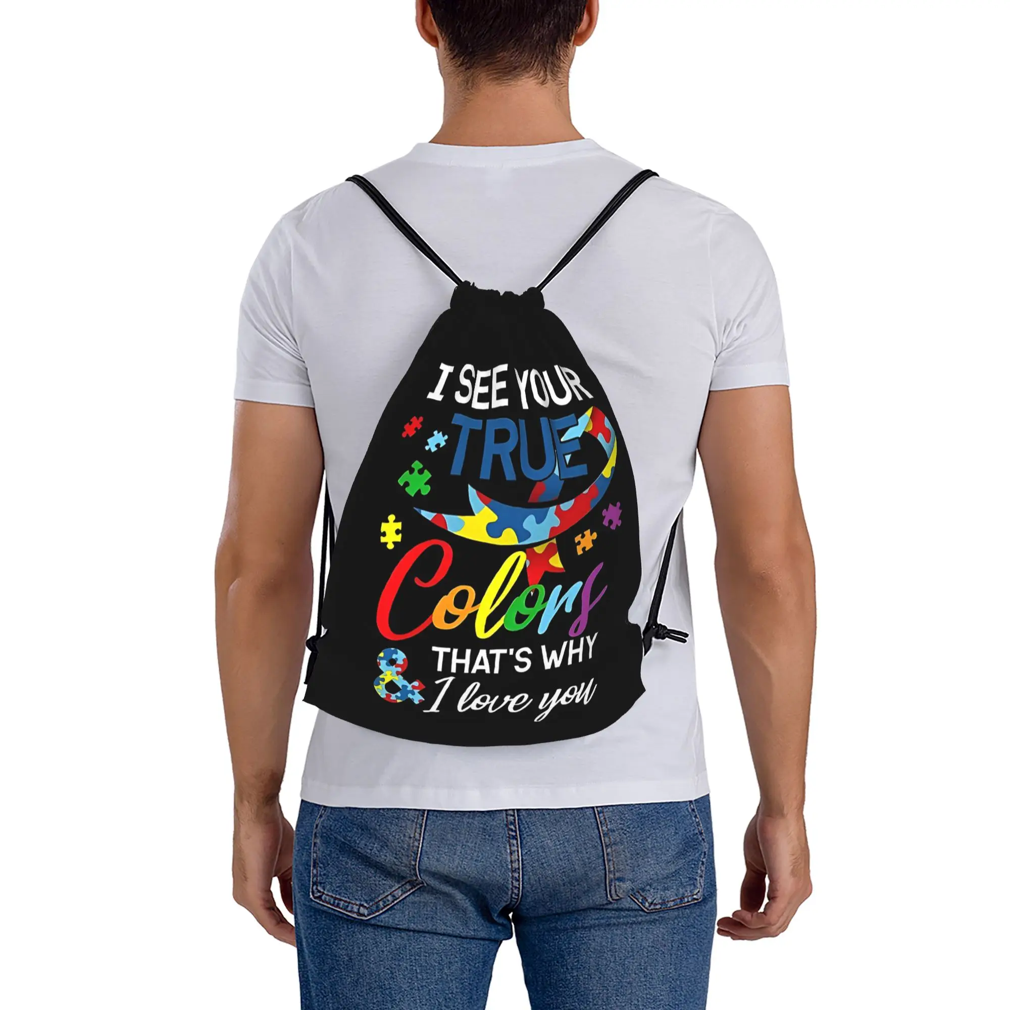 I See Your True Colors Thats Why I Love You Autism Portable Sports Drawstring Backpack Riding  Gym Clothes Drawstring Bags