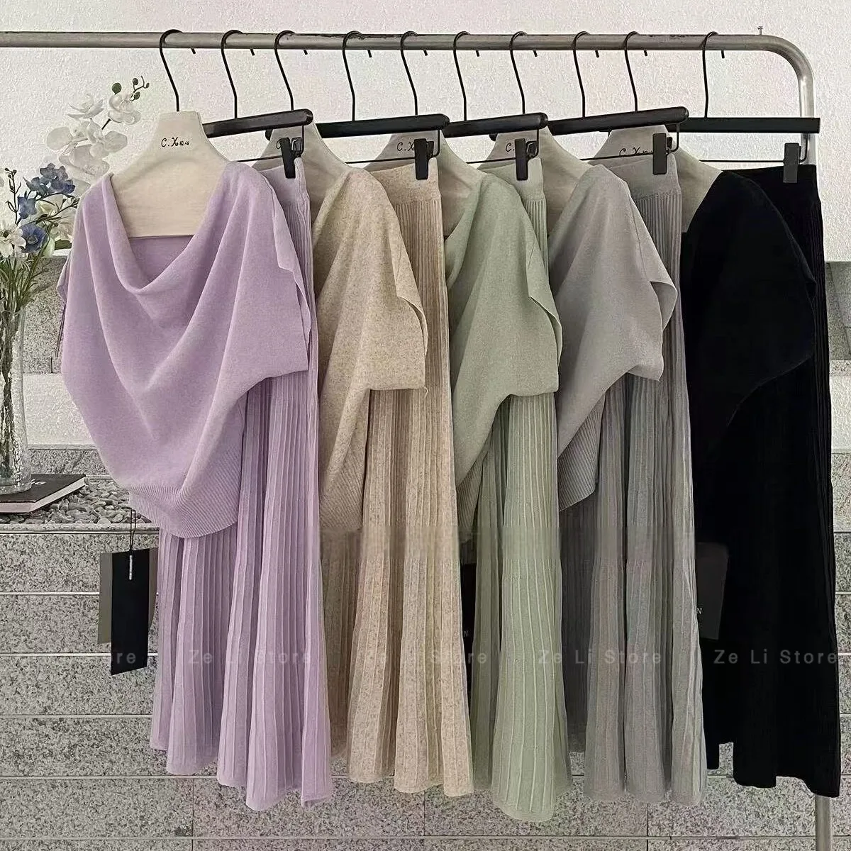 Elegant Batwing Sleeve Knit Top with Cinched Waist + Flowy Pleated Midi Skirt Two-piece Set for Women - Spring/summer Collection