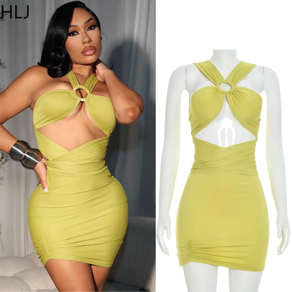 HLJ Sexy O Ring Halter Bodycon Dress Women Front Cutout Cross Wrap Waist Side Ruched Slim Short Dress Night Out Vacation Club