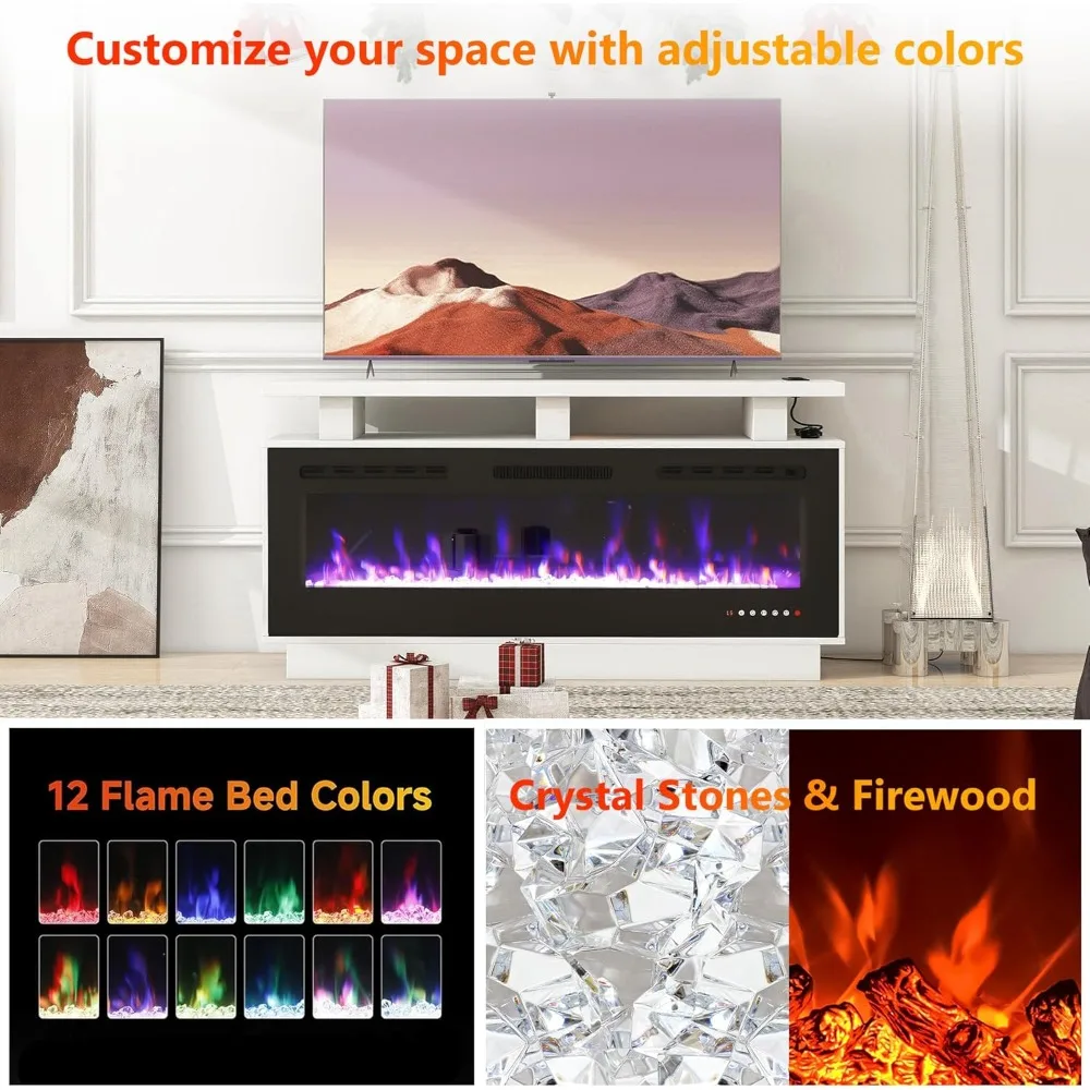 Fireplace TV Stand with Electric Fireplace, Solid Wood Fireplace with Mantel, Modern Fireplace Cabinet with Socket