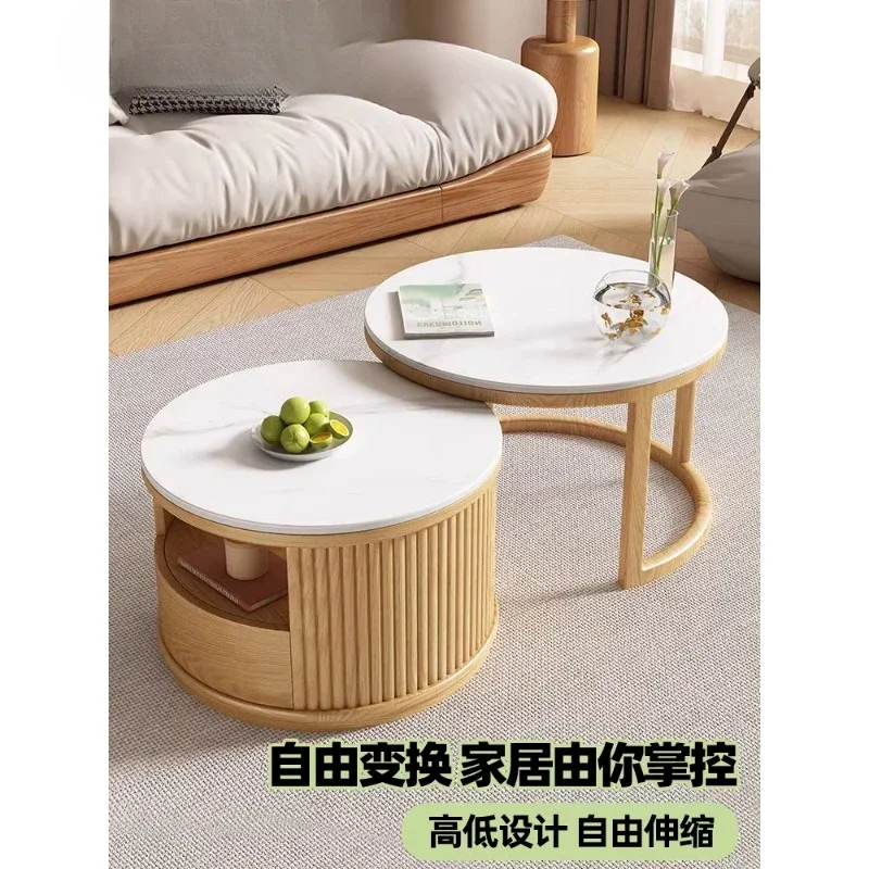 Solid wood foldable size round coffee table, living room storage, expandable bedside table, modern and minimalist