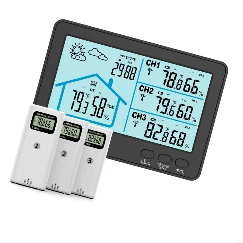 Termometri wireless remoti Igrometro Schermo alto contrasto da 5" Sistemi monitoraggio a posizioni multiple per interni