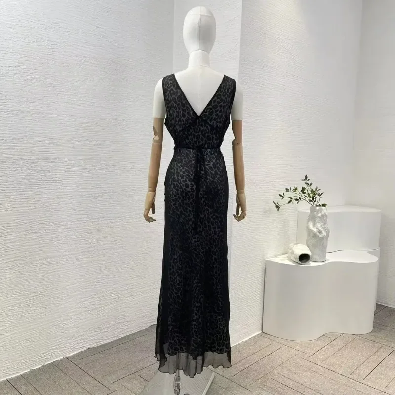 Black Leopard Print Sleeveless V-neck Midi Dress Self Tie Bow Back At Waist 2024 High Quality Silk Evening Dresses