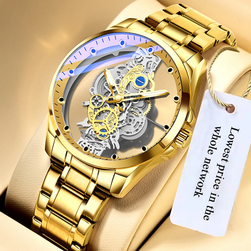 2023 New Mens Watches Skeleton Automatic quartz Watch Gold Vintage Man watch for men Top Brand Luxury wristwatch reloj hombre