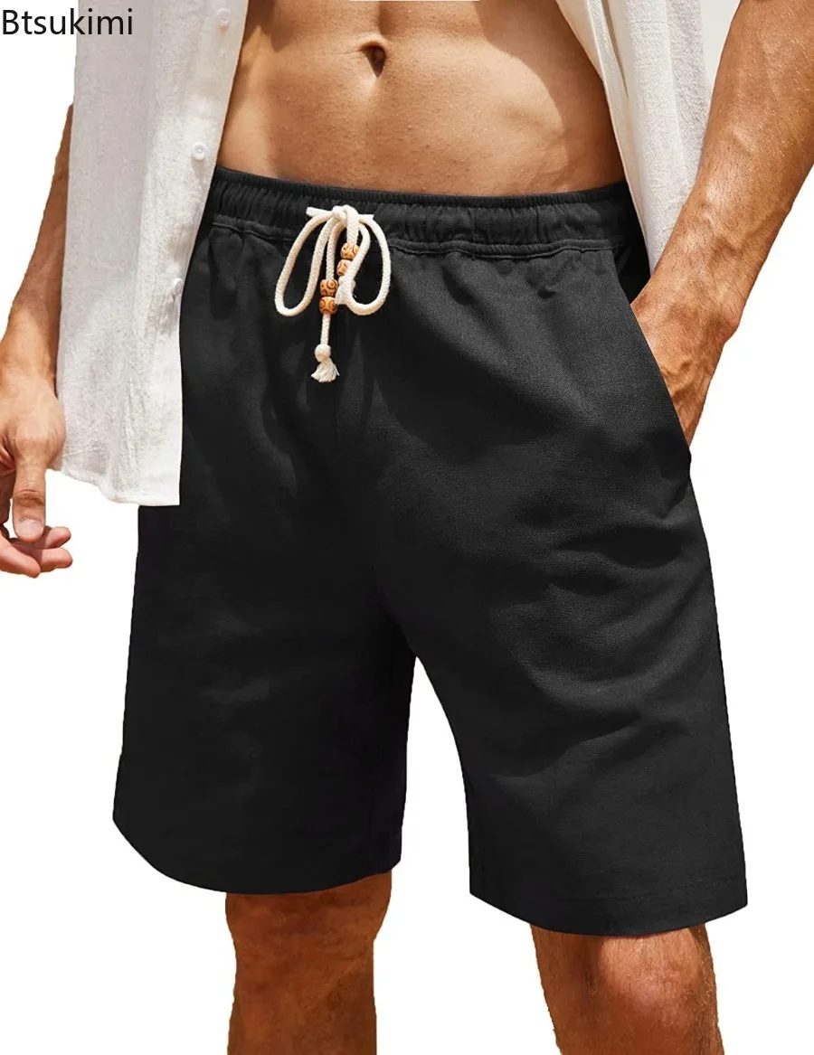 Summer Casual Shorts for Men Solid Breathable Cotton Linen Pocket Beach Pants Men's Loose Drawstring Straight Leg Sport Shorts