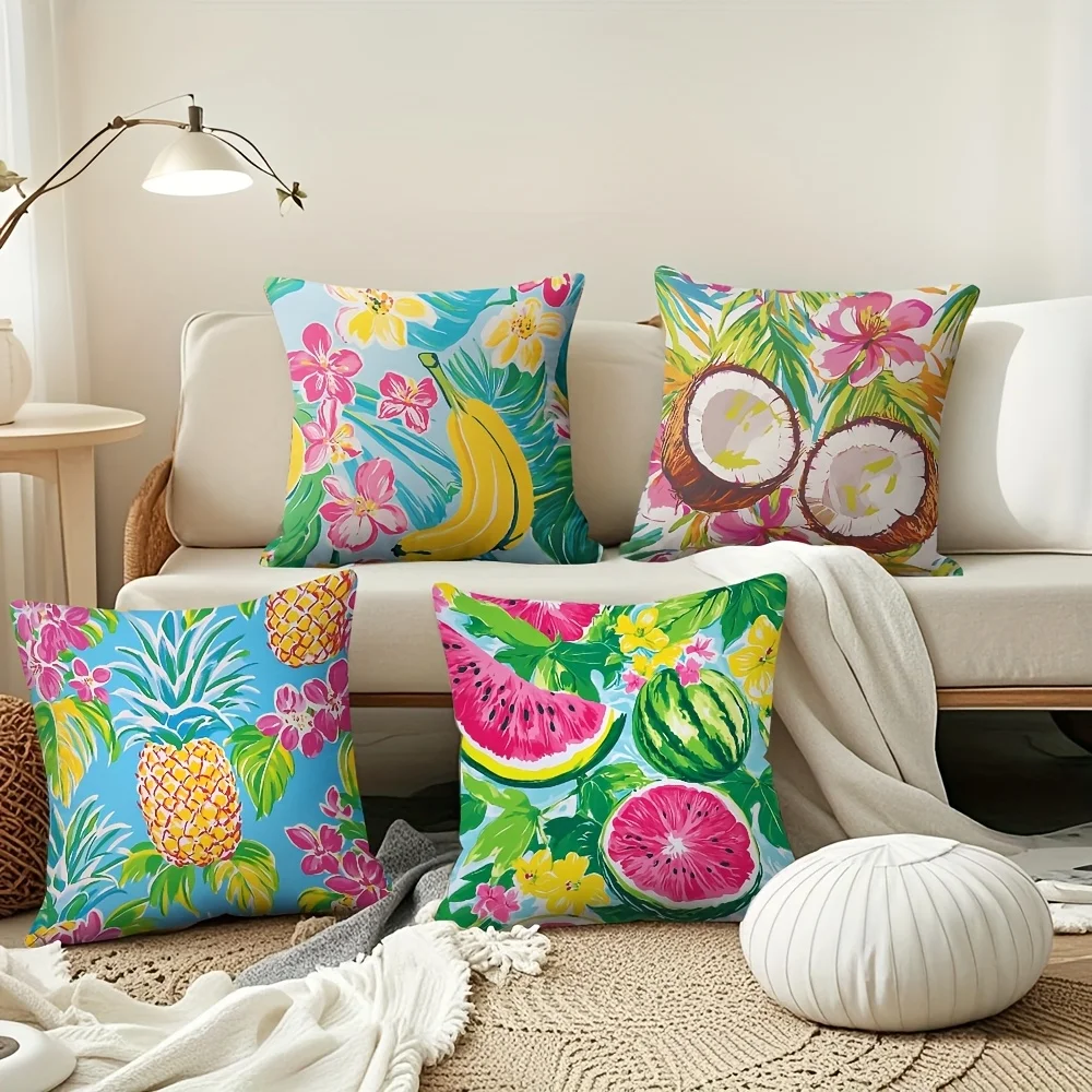 

4pcs double-sided Printed Pillow Covers Summer Beach Banana Coconut Pineapple Watermelon Cushion Cases for Patio Sofa Bedroom