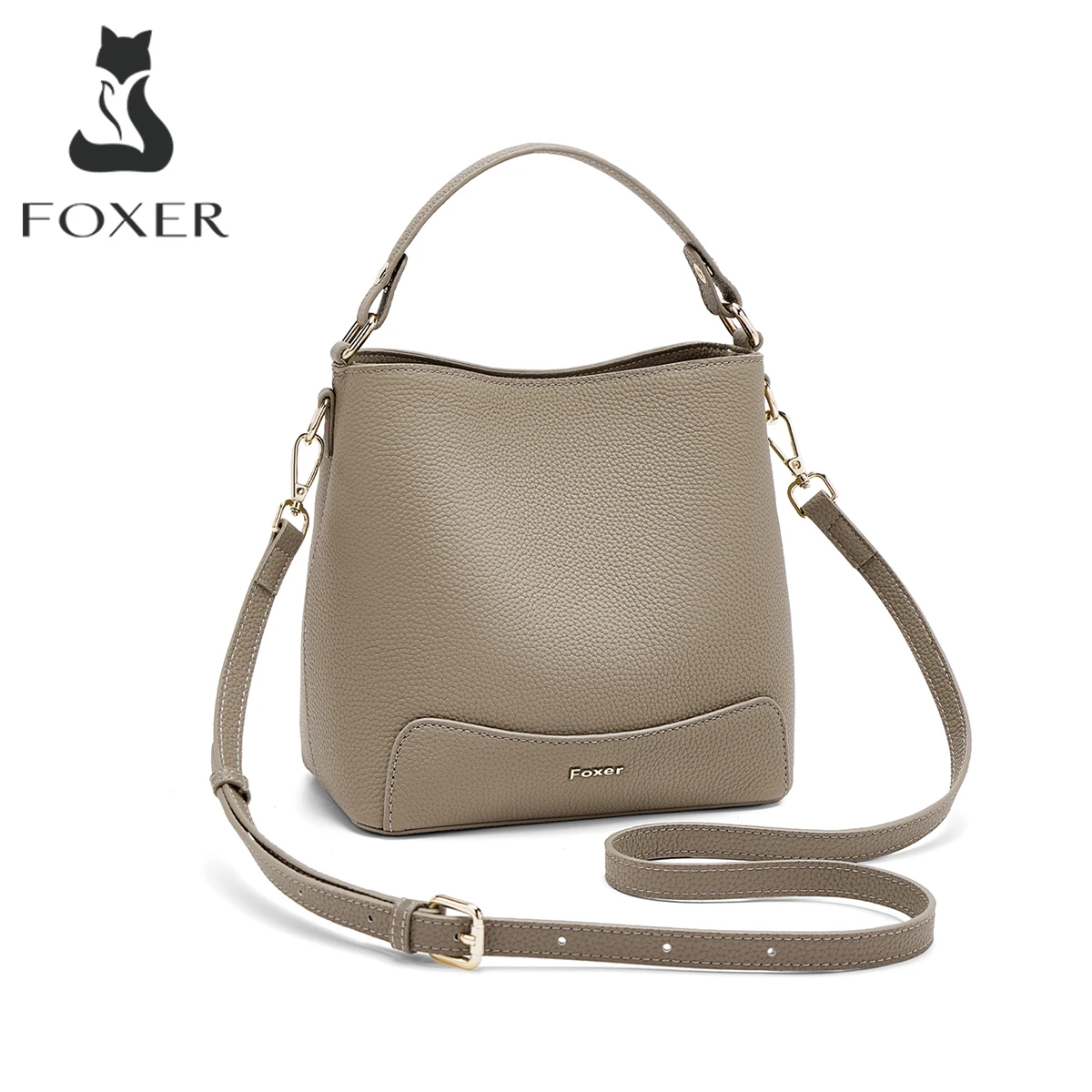 FOXER Women Bucket Bag Genuine Leather Top Handle Handbag Large Capacity Ladies Crossbody Bag Commuter Female Shoulder Purse