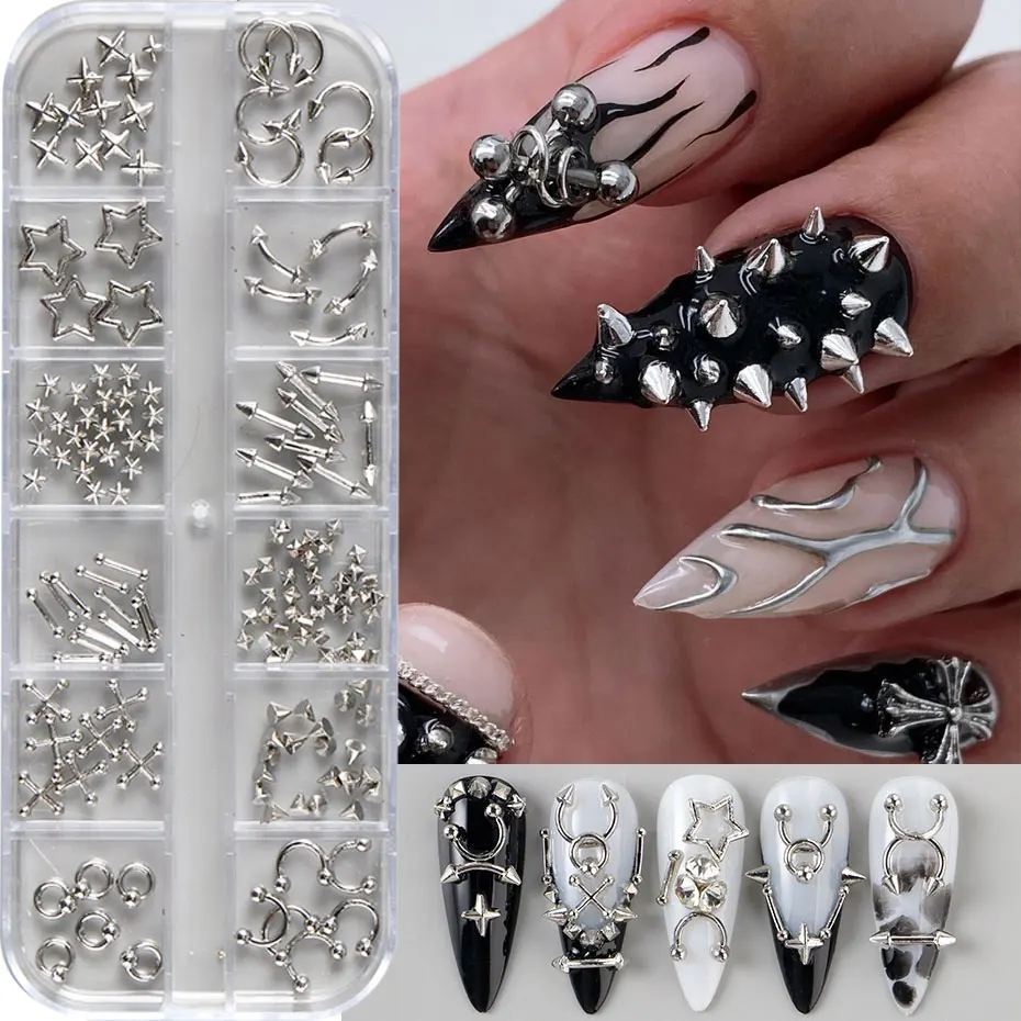 12 Grids Y2K Silvery Golden Punk Alloy Nail Charms Metal Rivets Punk Style Pierced Rivets Nail Decor Korean Manicure Accessories view 2
