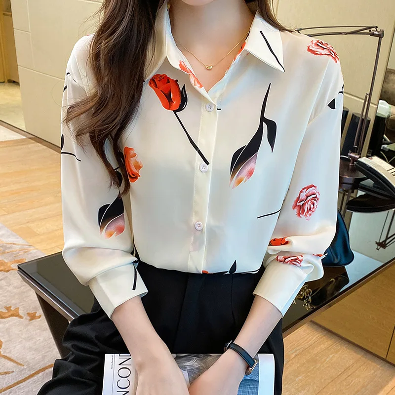 2023 Autumn New Joker Fashion Printed Silk Slim Long Sleeve Lapel Blouse Rarf Women Blouses Summer Short Top Fugees Shirt Tops &