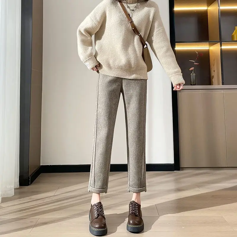 

High-waisted Tweed Straight Pants 2024 Autumn/Winter New Women' S Pants Loose Casual Herringbone Warm Thickened Cropped Pants