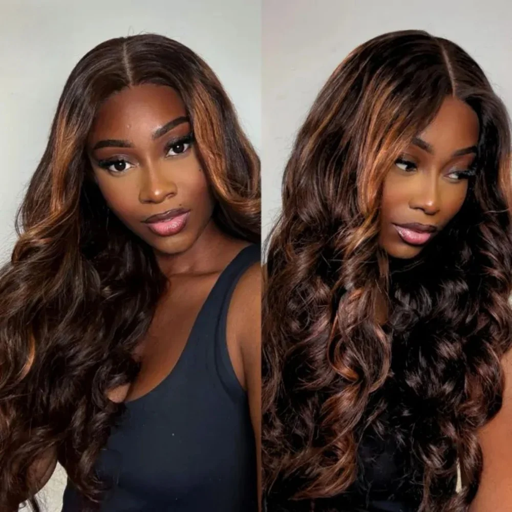

Highlight Brown 14inch Body Wave 5*5 Lace Front Hair 100% Human Hair Wig 150 Density with Baby Hair Pre-Plucked Soft Hair Wig