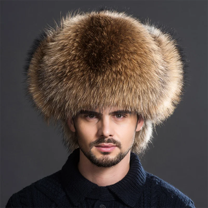 

Winter Men Bomber Hat Full Fur Covered Fox Raccoon Fur Ushanka Cap Trapper Russian Man Ski Hats Thick Warm Hats With Ear Flap