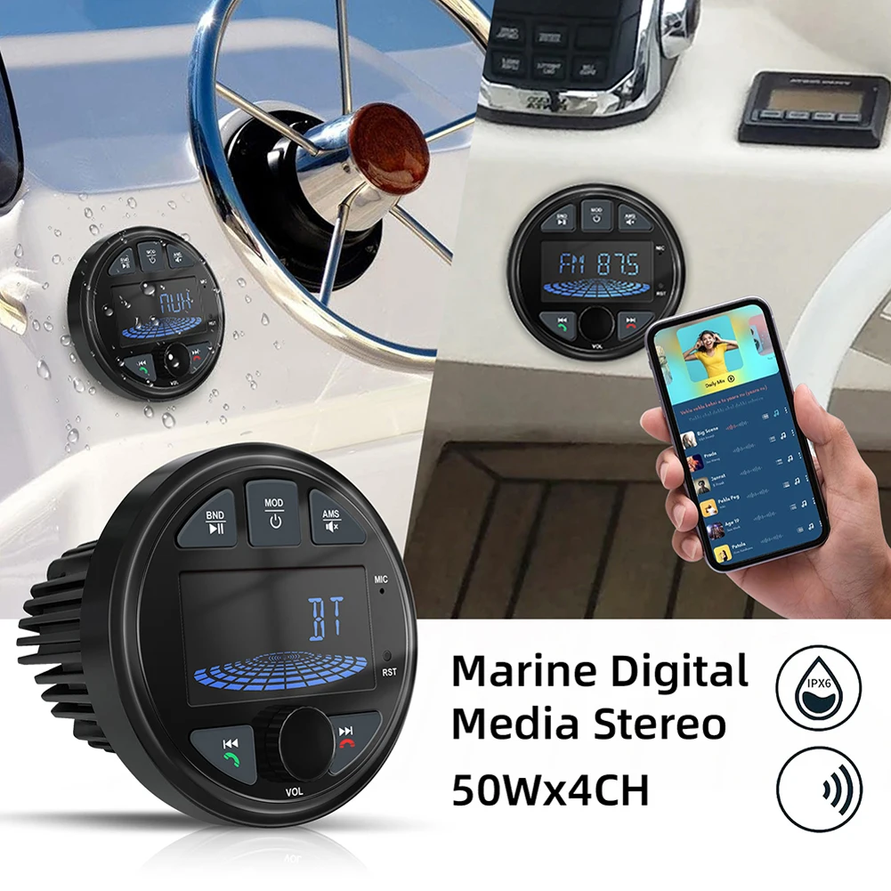 Marine Stereo Boat Radio with LCD Screen Round MP3 Player IPX6 Waterproof BT Digital Media Radio for Yacht ATV UTV RV Golf Cart