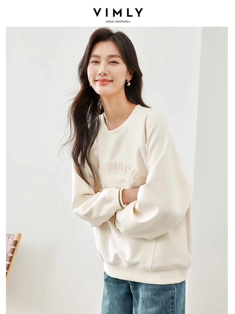 Vimly Apricot Letter Embroidery Sweatshirts 2024 Spring O-neck Long Sleeve Top for Woman Casual Loose Pullovers Female M5121