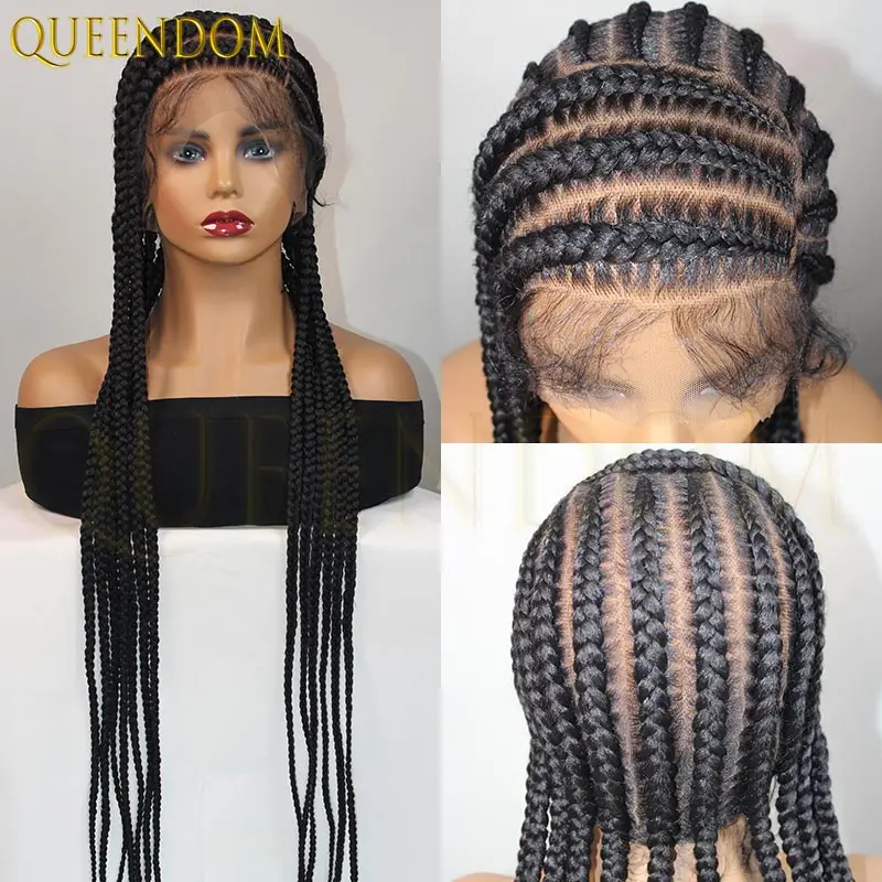 

36-дюймовый парик Cornrow Box Braids Faux Locs для чернокожих женщин, полный парик шнурка, синтетический смешанный парик фронта шнурка для женщин