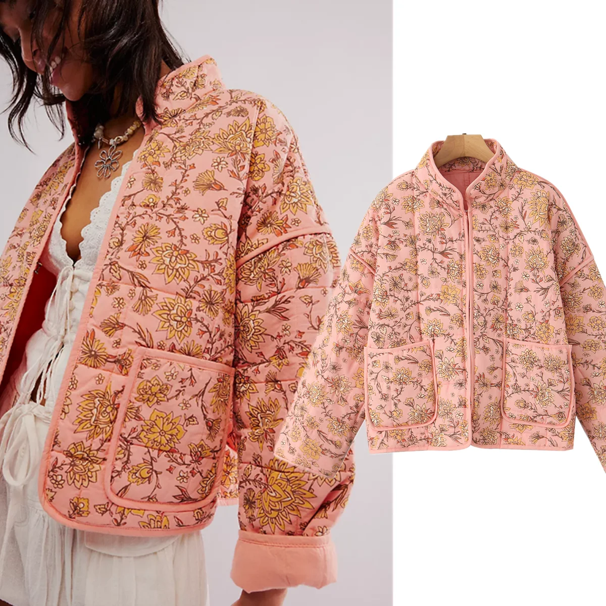 Dave & di 2024 Herbst Winter amerikanische Vintage Blumen lose fallen Schulter Parka Mantel Jacke Frauen