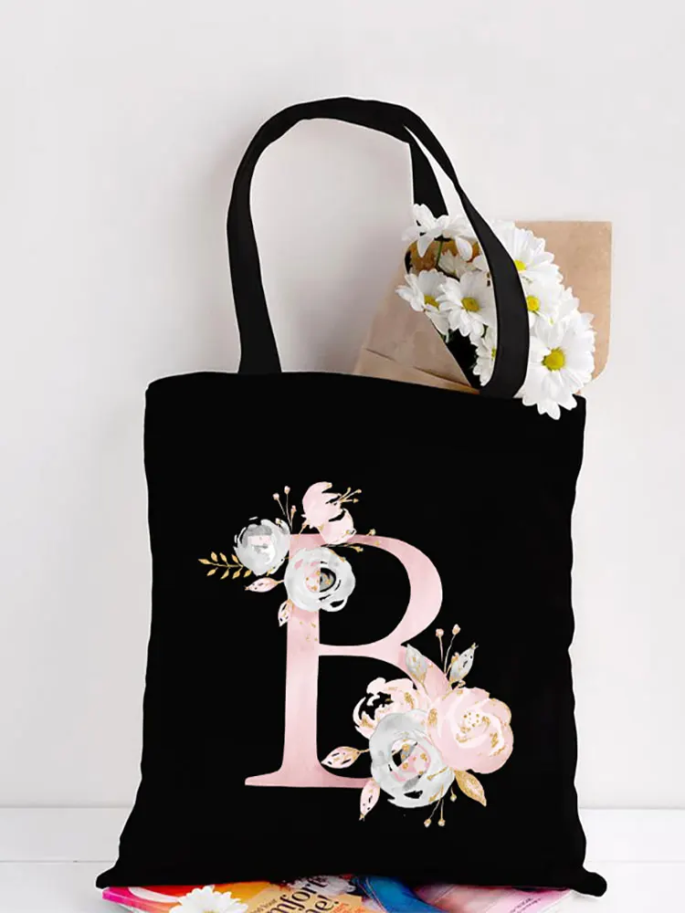 Pink English Flower initials Letter Print Shopping Bag Shopper Bag Totes Large Capacity Fashion Shoulder Bags Gift For Friends