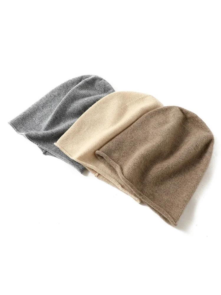 Women 100% Pure Cashmere Beanies Solid Caps Rolled Hem Hat Casual Basic Soft Autumn Winter Real Cashmere Warm Sleep Hair Bonnet