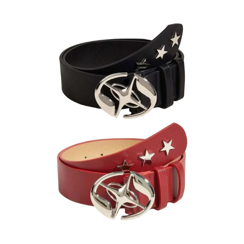 

PU Leather Dress Belt Women Simple Solid Waistband Moon Star Buckle Waistband