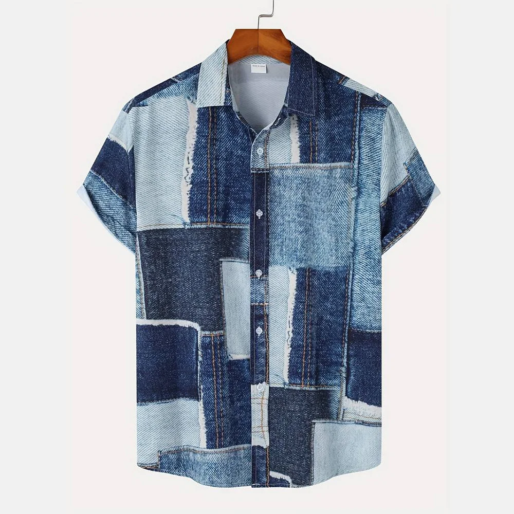 Men\'s Hawaii Shirt 2024 Summer Lapel Denim Patchwork Print Men\'s Shirt Casual Fashion Short Sleeve T Shirt Vintage Fun Menswear