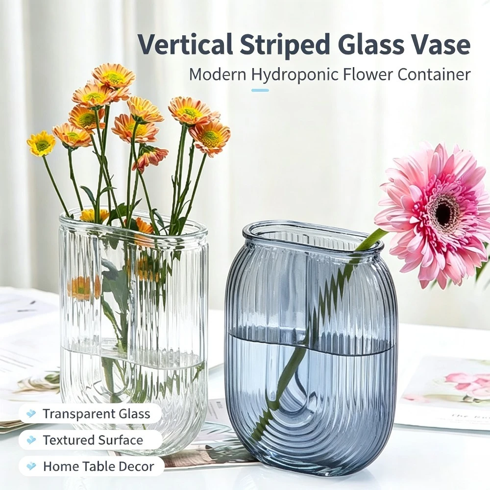 Vertical Striped Glass Vase Hydroponic Flower Container Modern Style Home Bedroom Dining Table Decoration