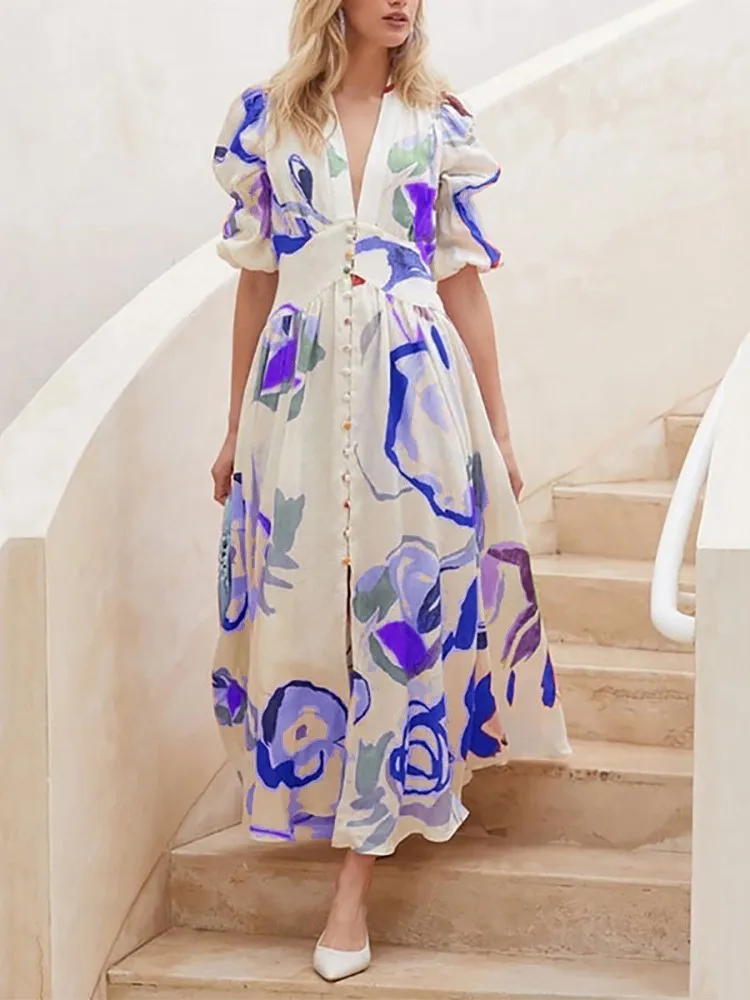 

Women's Beach Vacation Style High-waisted Dress Summer Elegant Slim Large Swing Print V-neck Temperament Commuting Dress