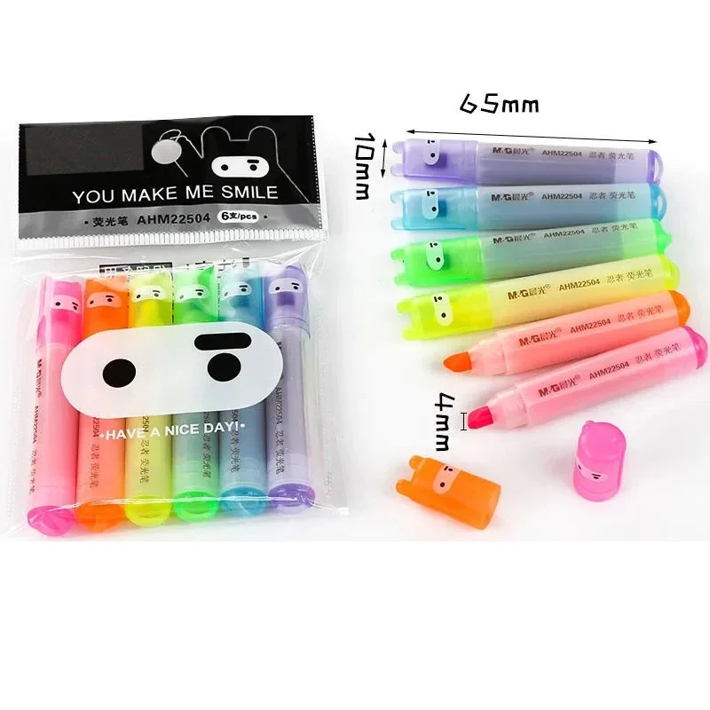 6pcs Cartoon Color Highlighter Marker Pens Set 1-3mm Oblique Tip Spot Liner Drawing Highlighting Tools School