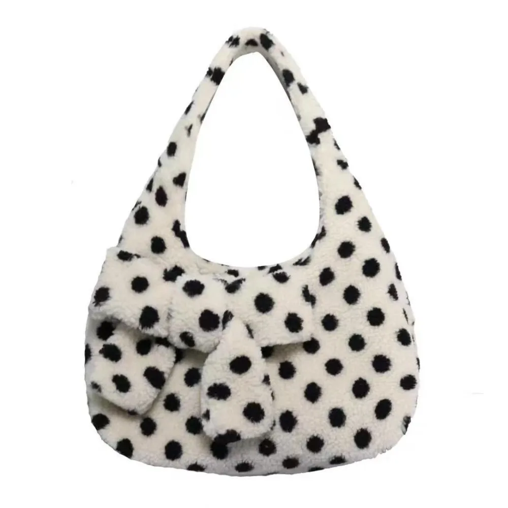 

Polka Dots Women's Shoulder Bag Bow Decoration Fluffy Commuting Tote Bag Casual Simple Fabric Handbag For Ladies and Girls