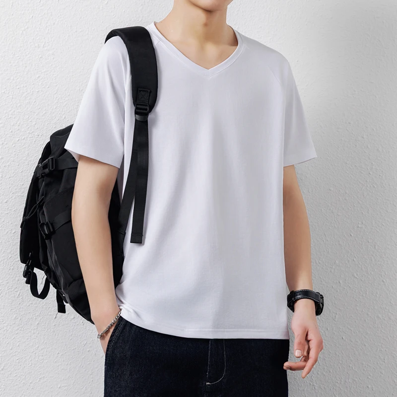 2026 Summer Men's Silk-Textured Fashion Casual Solid Color Multi-Functional Short-Sleeved V-Neck T-Shirt Quick-Dry Breathable