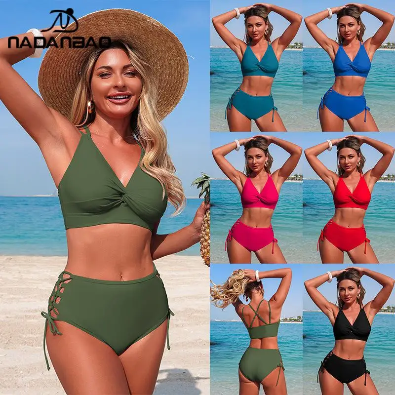 Nadanbao Women's Green Red Bikini Set Sexy Lace Up Casual Swimwear Cross Back Bra Quick Drying Elastic Swimsuit Lady Beach Wear