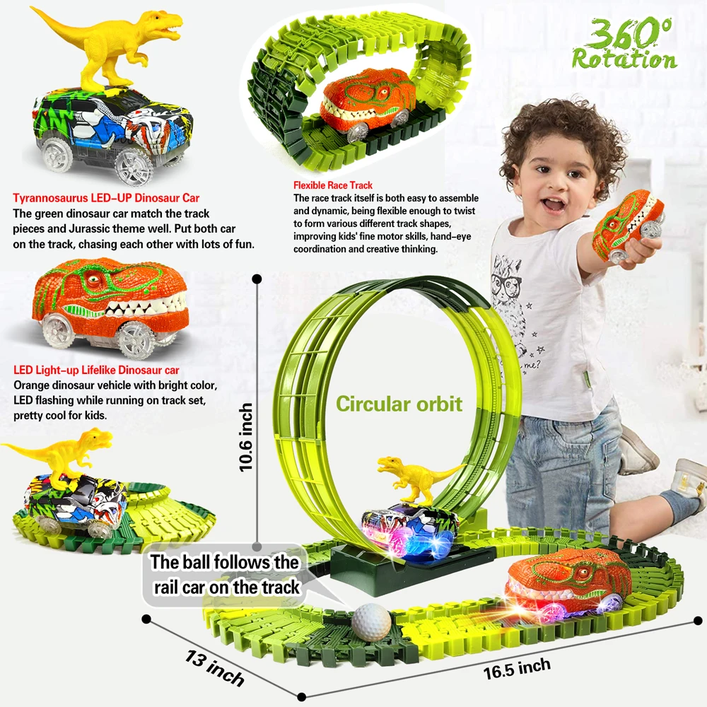 Dinosaur Race Car Track Toys Set Flexible Tracks Car with 360 Loop Playset Gift for Kids Ages 3 4 5 6 7 8 Year Old Boys Girls