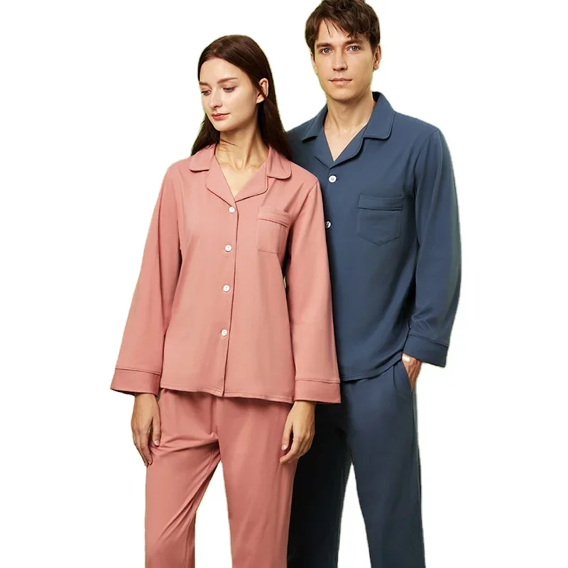 100%  Cotton Sleepwear Custom Couple Pajamas set Men And Women Solid Pyjamas Sleepwear For Couple