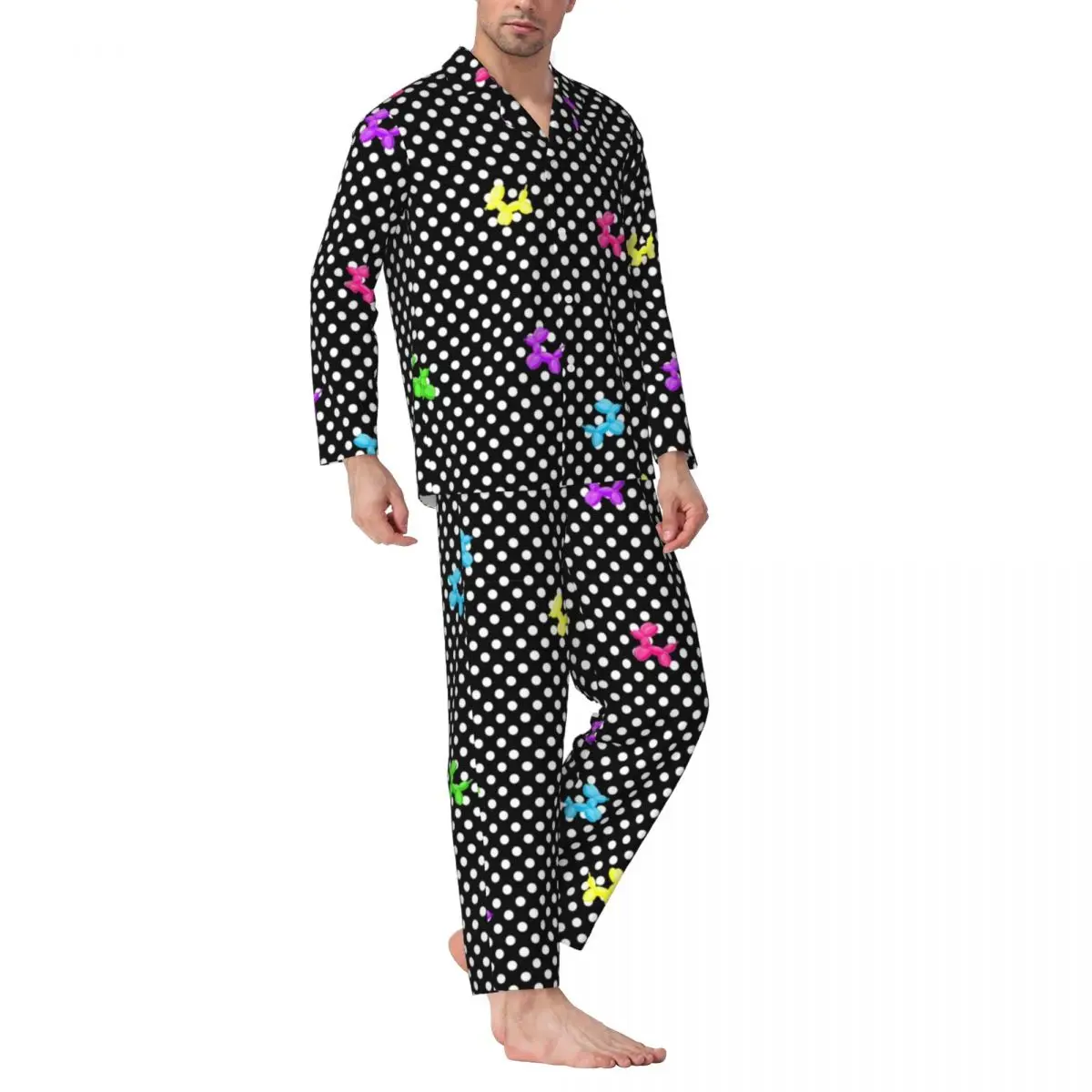 Colorful Balloon Dogs Pajamas Male Polka Dots Print Cute Soft Daily Nightwear Autumn 2 Pieces Retro Oversize Pattern Pajama Sets