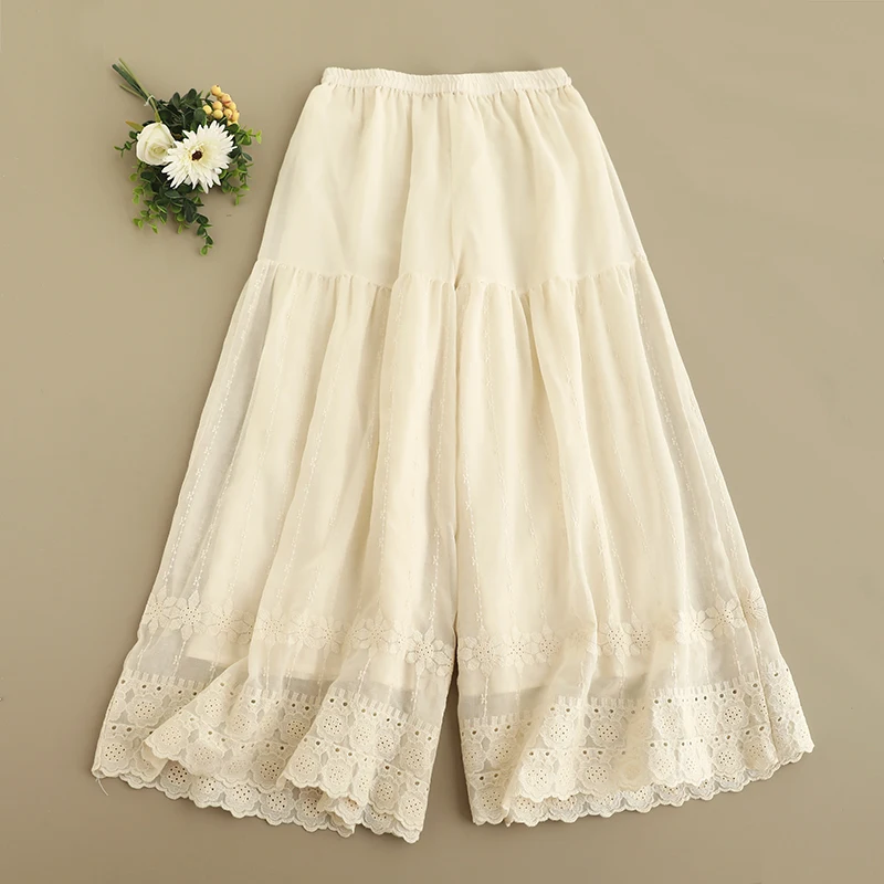 

Japanese Sweet Mori Girl Lace Embroidery Cotton Wide Leg Pants Women Spring Summer High Elastic Waist Casual Loose Cropped Pants