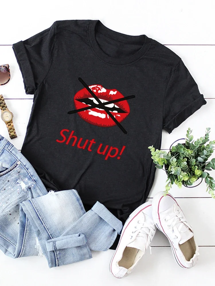 

Shut Up Red Lip Print Women T Shirt Short Sleeve O Neck Loose Women Tshirt Ladies Tee Shirt Tops Clothes Camisetas Mujer