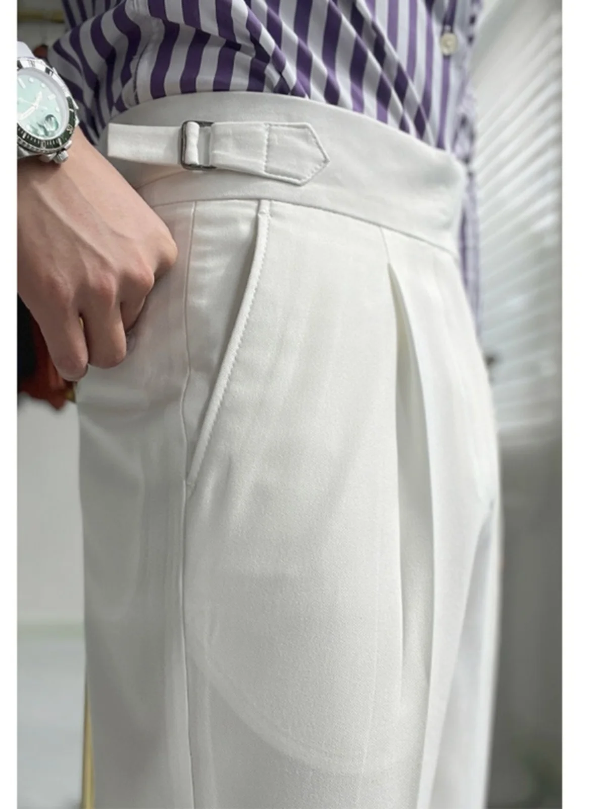 

Italian Neapolitan High Waist Straight Leg White Retro Trousers Faionable Casual Long Pants Busin Casual Formal Trousers