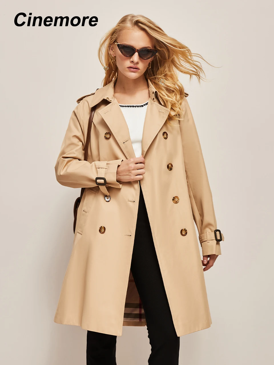 Cinemore 2022 Trench da donna lungo doppio petto bavero classico stile britannico giacca Casual capispalla da lavoro cintura superiore 82001