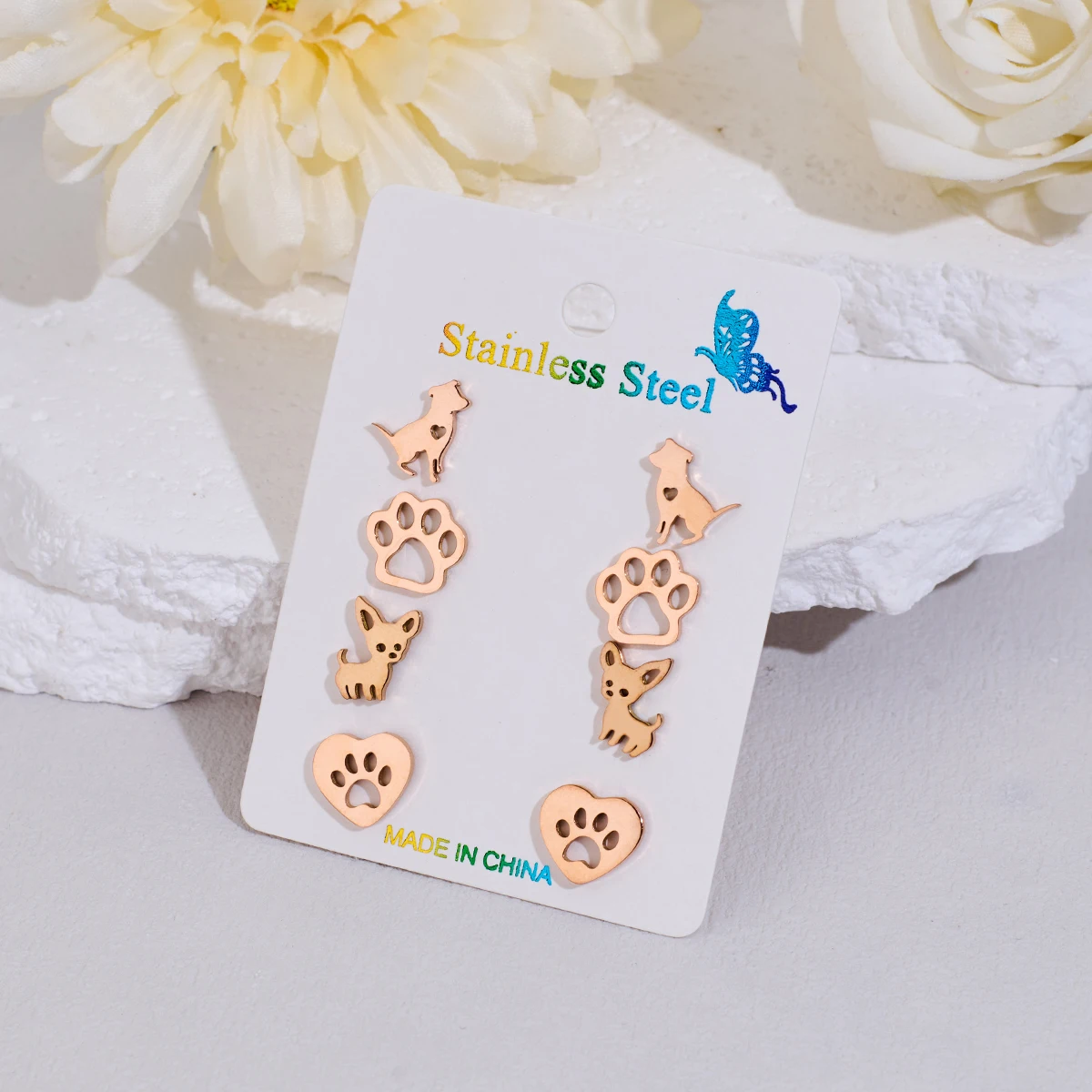 Shuangshuo 4 Pairs/set Cute Pet Footprint Stud Earrings for Women Chic Girls Piercing Earrings Fancy Gift Animal Paw Jewelry