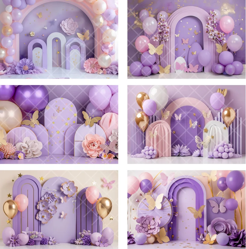 Photography Background Purple Balloons Butterfly Wonderland Girl Birthday Party Cake Smash Decor Photo Backdrop Studio