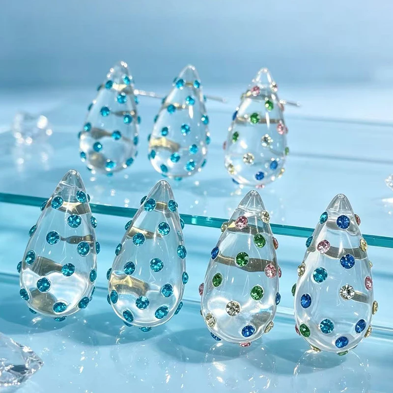 Y2K Rhinestones Resin Big Water Drop Earrings for Woman Dopamine Sweet Simple Exaggerated Design Unique Accessories Jewelry Gift