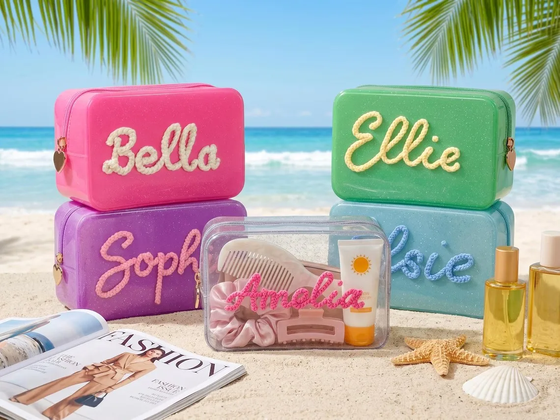 Personalized Jelly Makeup Case, Custom Name Glitter Bag for Grad Girls Vacation