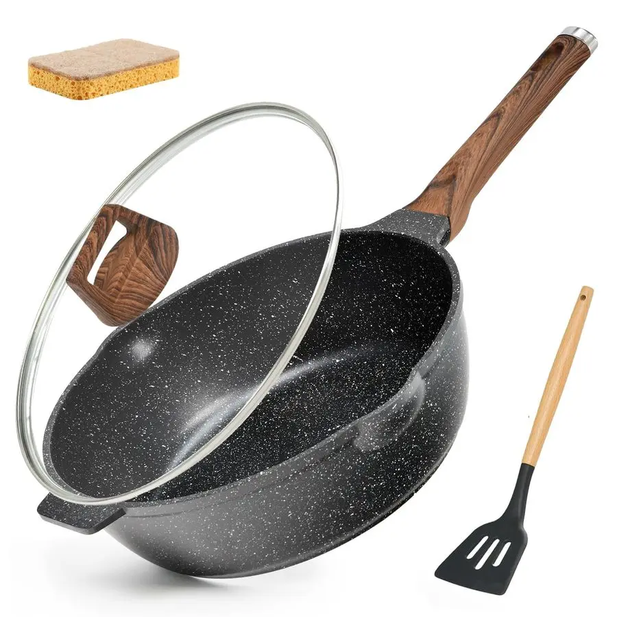 

Сковорода с антипригарным покрытием, крышкой и лопаткой, 12 дюймов, 5,5 литра, для жарки и тушения, с антипригарным гранитным покрытием, с губкой для чистки.