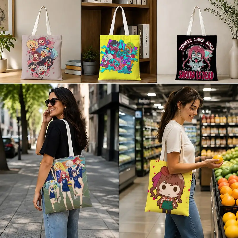 Bolsas de almacenamiento Zombieland Saga, bolsa de lona plegable ligera, bolsa de compras reutilizable con correa