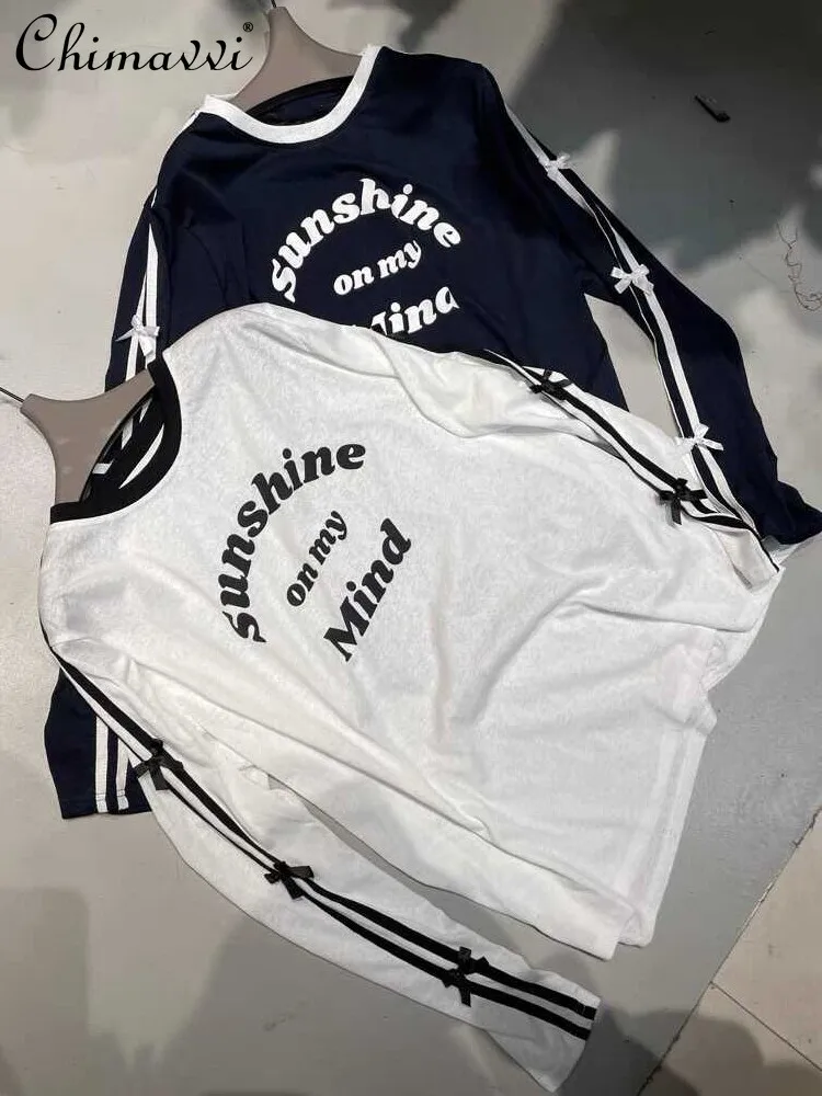 Korean Fashion Round Neck Letter Print Contrast Color Striped Bow T-shirt Girl Leisure Loose Thin Long Sleeve Sun Protection Top