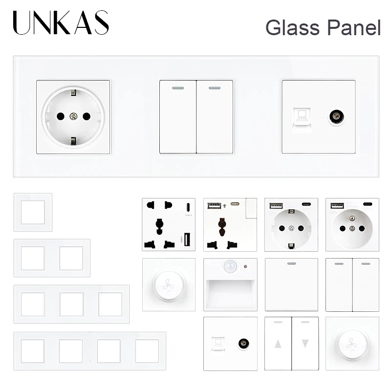 

UNKAS White Glass Panel DIY Free Combination 1 2 Gang Switch Outlet Dimmer Fan TV Footlights Dual Satellite Universal Curtain