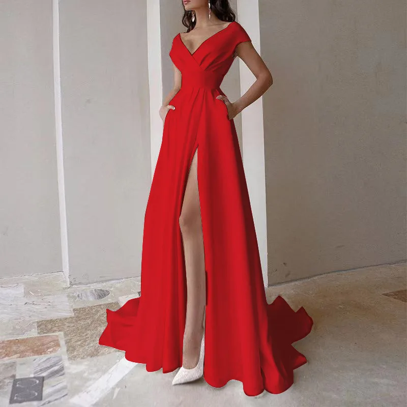 Open Back V Neck Sweep Train Elegant Cap Sleeve A-line Split Long Dress