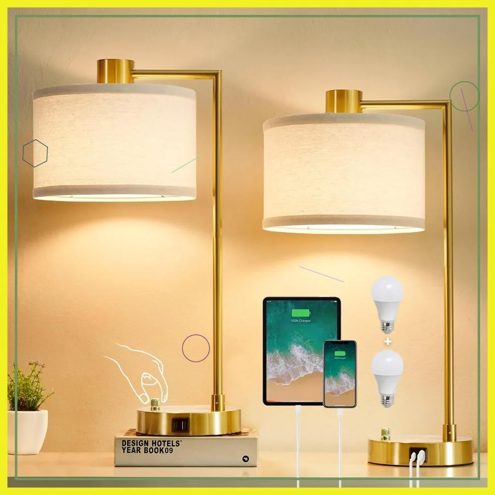 

Set of 2 Dimmable Bedside Lamps with USB C+A Ports, Linen Shade, LED Bulbs for Bedroom Living Room Office